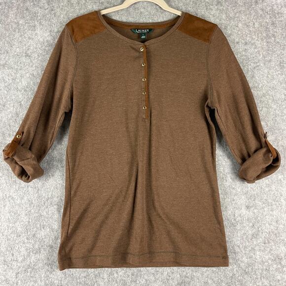 Lauren Ralph Lauren Henley Top Womens Large Brown Faux Suede Trim Roll Tab - Picture 1 of 13